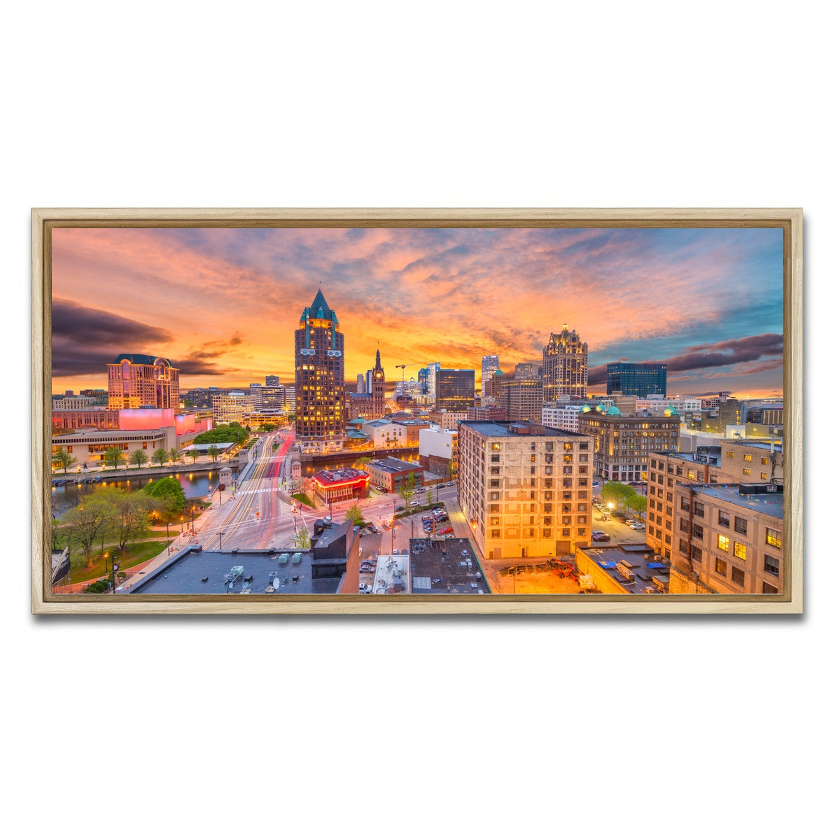 AUTO-MOCKUP WHITE | Milwaukee skyline at dusk | 1 Piece | Natural Framed Canvas | group=2x1