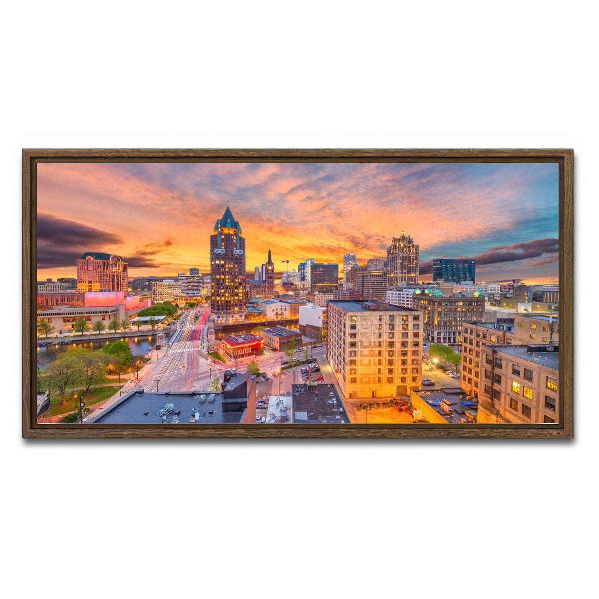 AUTO-MOCKUP WHITE | Milwaukee skyline at dusk | 1 Piece | Walnut Framed Canvas | group=2x1