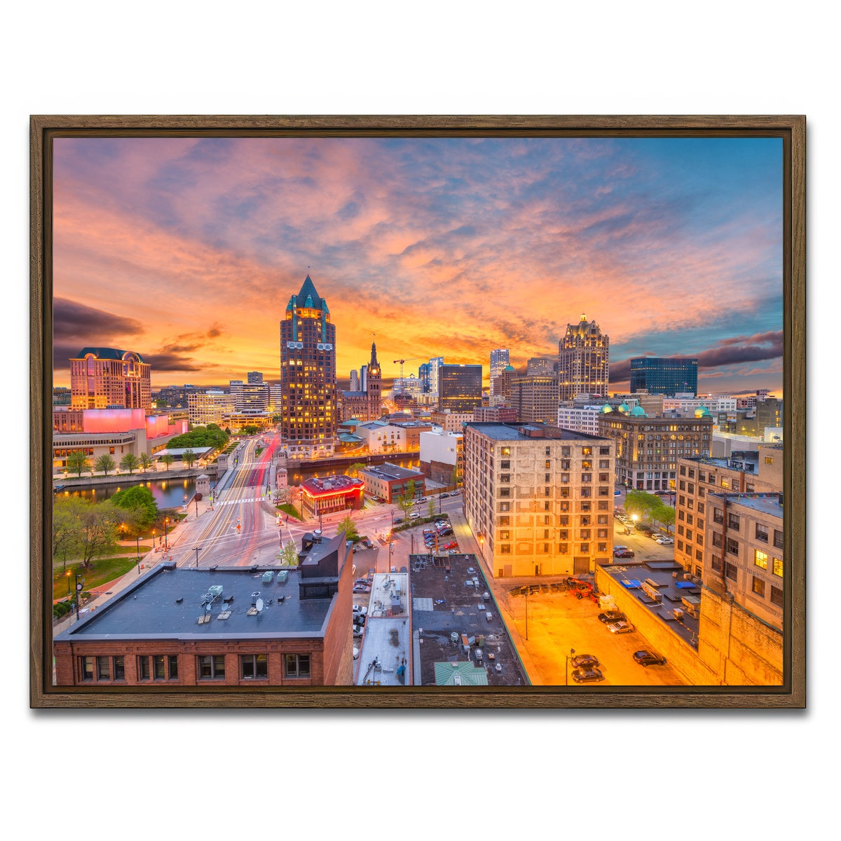 AUTO-MOCKUP WHITE | Milwaukee skyline at dusk | 1 Piece | Walnut Framed Canvas | group=4x3