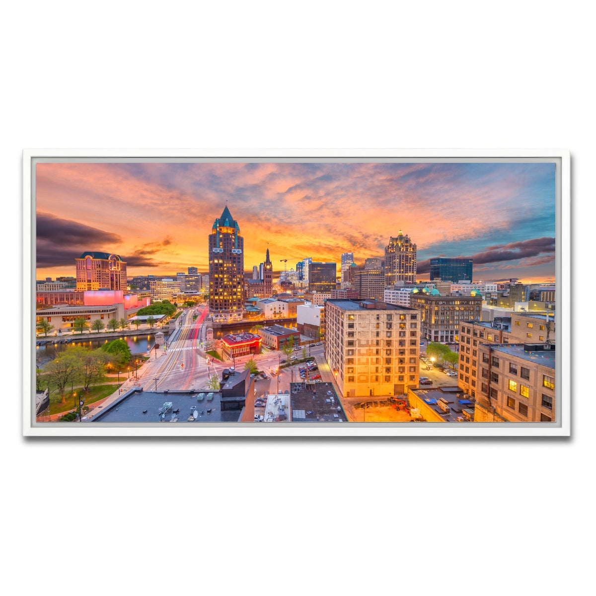 AUTO-MOCKUP WHITE | Milwaukee skyline at dusk | 1 Piece | White Framed Canvas | group=2x1