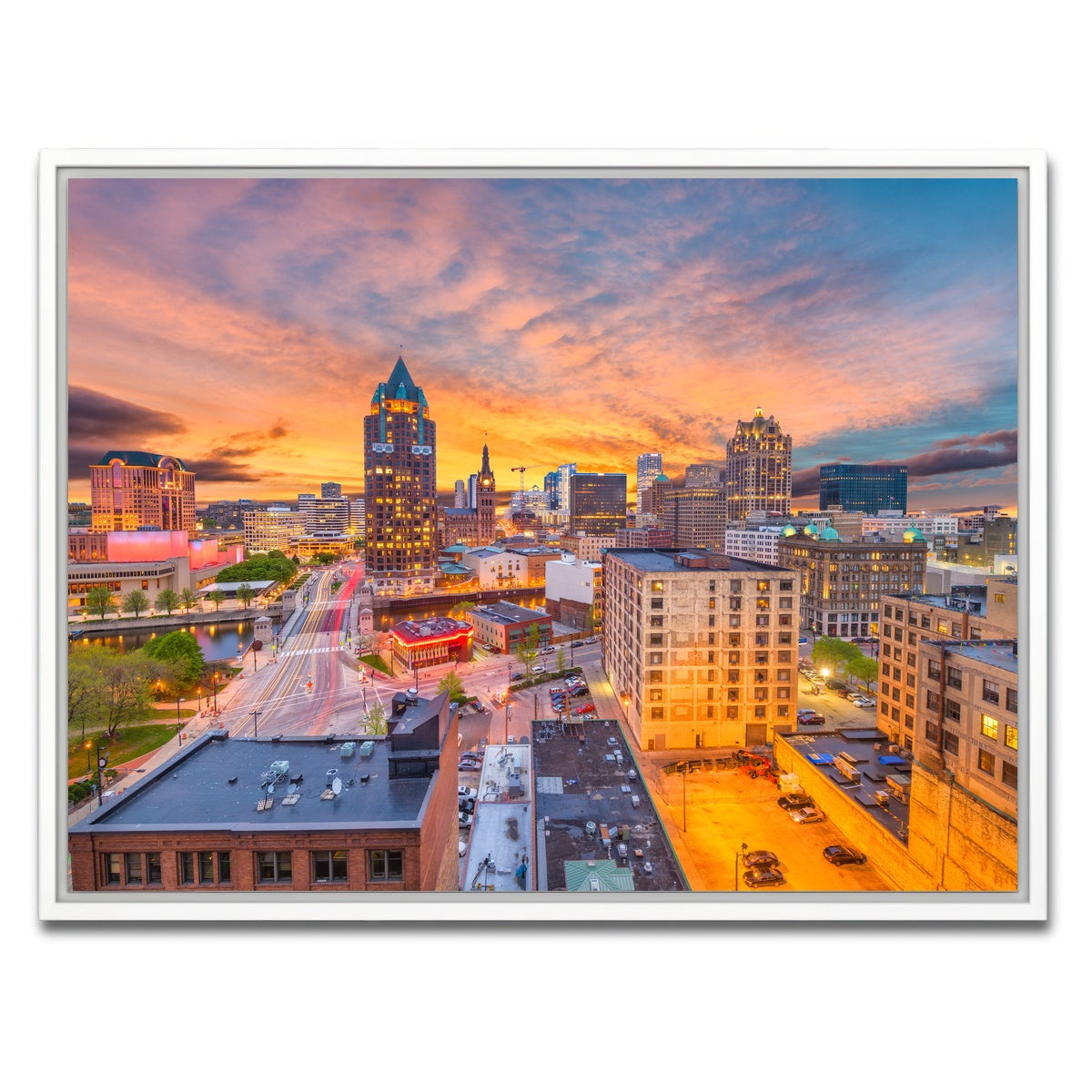 AUTO-MOCKUP WHITE | Milwaukee skyline at dusk | 1 Piece | White Framed Canvas | group=4x3