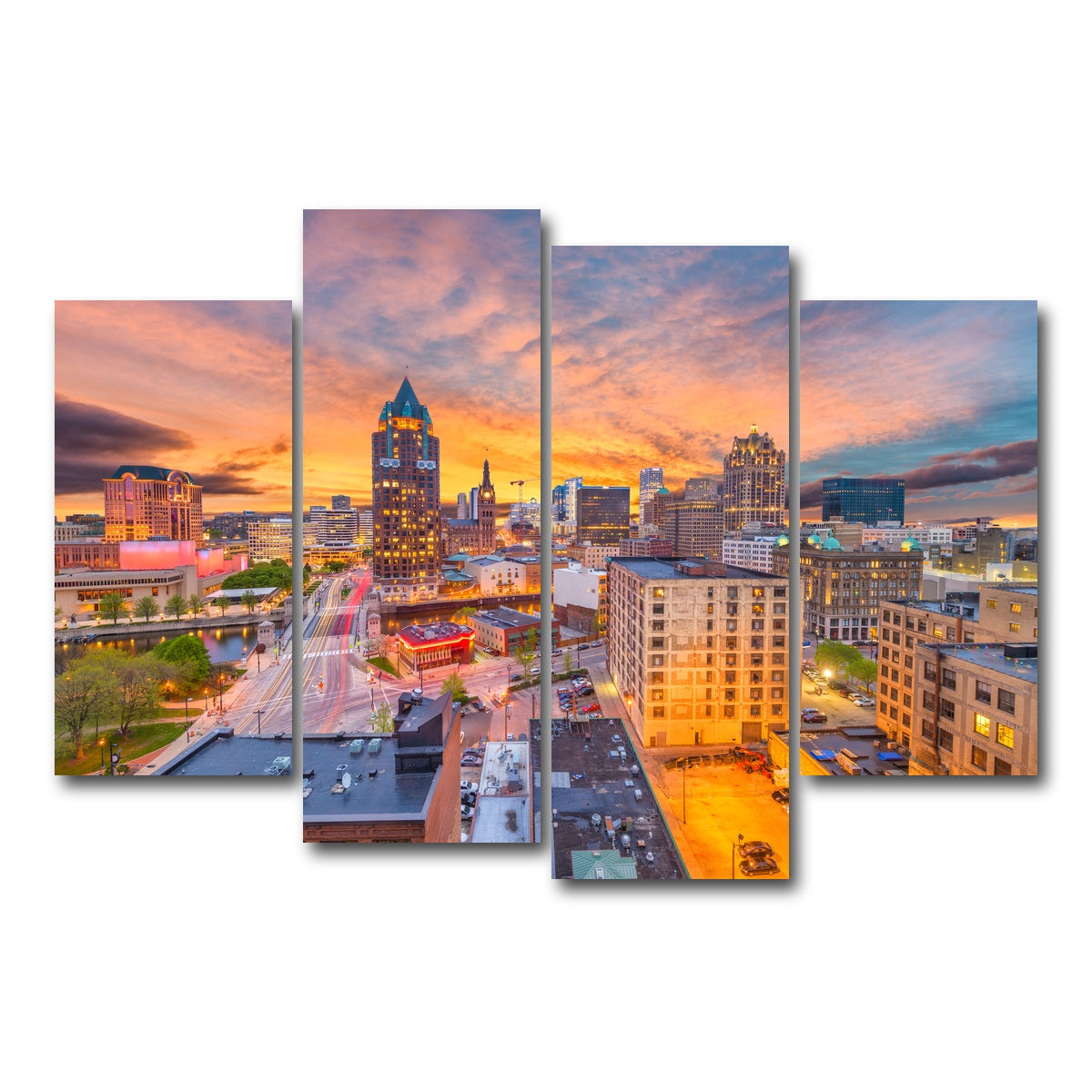 AUTO-MOCKUP WHITE | Milwaukee skyline at dusk | 4 Piece | Gallery Wrap Canvas | group=4_short