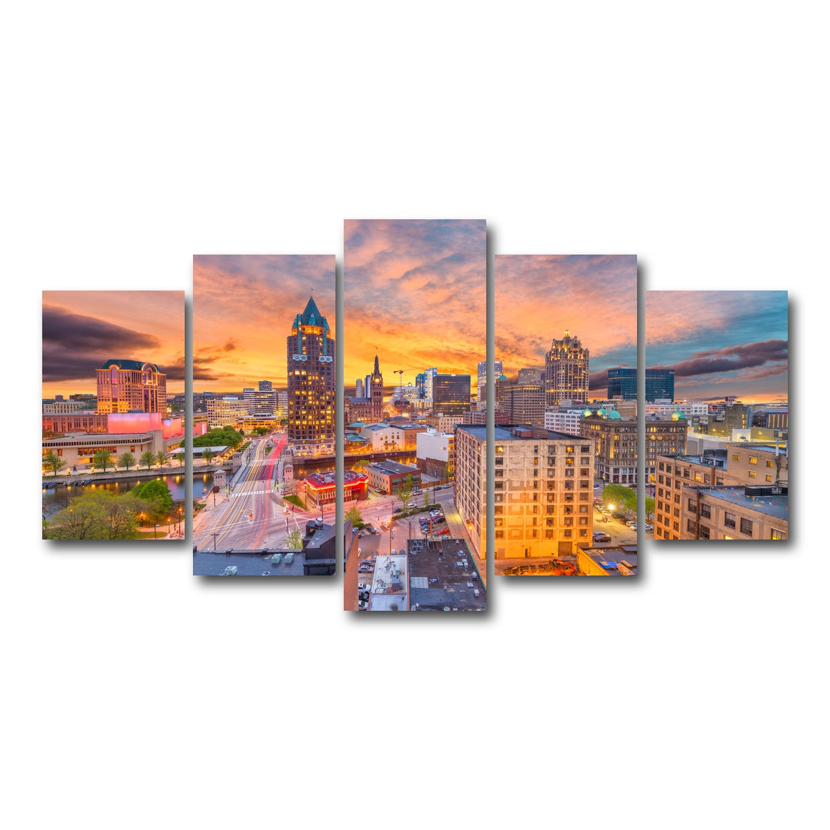AUTO-MOCKUP WHITE | Milwaukee skyline at dusk | 5 Piece | Gallery Wrap Canvas | group=5_normal