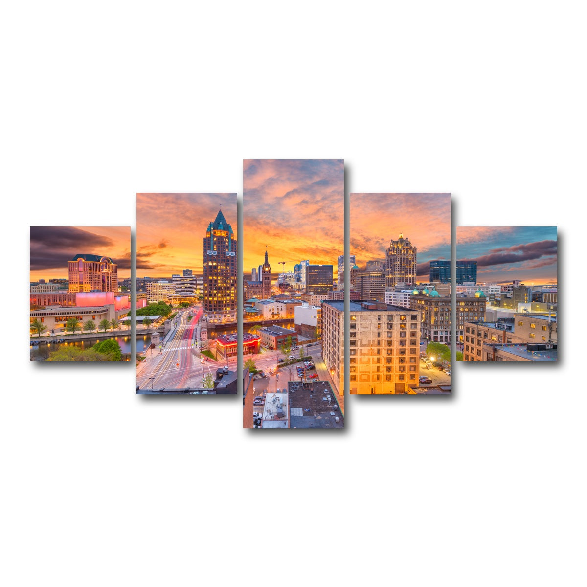 AUTO-MOCKUP WHITE | Milwaukee skyline at dusk | 5 Piece | Gallery Wrap Canvas | group=5_short