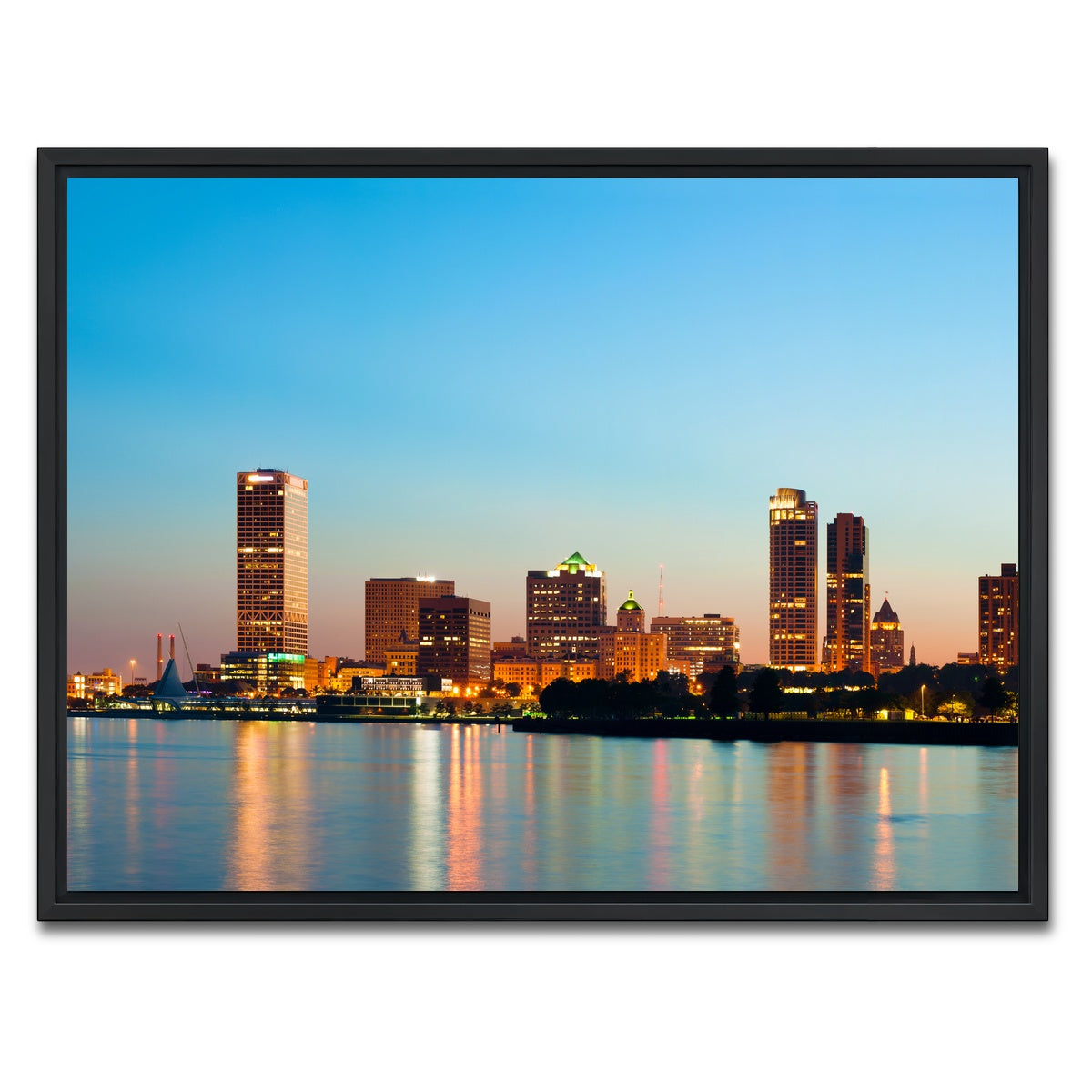 AUTO-MOCKUP WHITE | Milwaukee skyline at twilight | 1 Piece | Black Framed Canvas | group=4x3