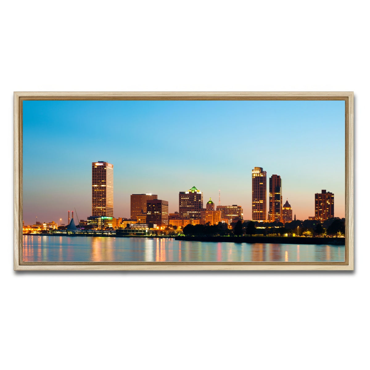 AUTO-MOCKUP WHITE | Milwaukee skyline at twilight | 1 Piece | Natural Framed Canvas | group=2x1