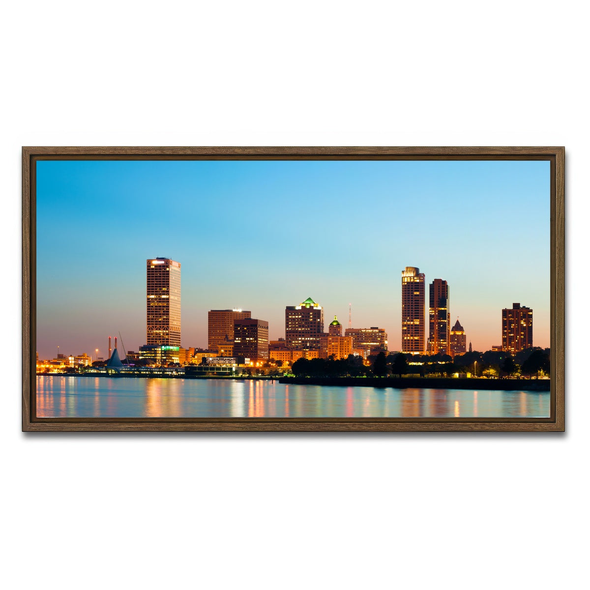 AUTO-MOCKUP WHITE | Milwaukee skyline at twilight | 1 Piece | Walnut Framed Canvas | group=2x1