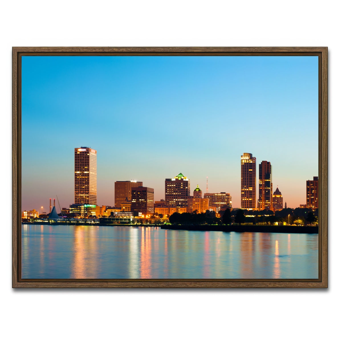 AUTO-MOCKUP WHITE | Milwaukee skyline at twilight | 1 Piece | Walnut Framed Canvas | group=4x3