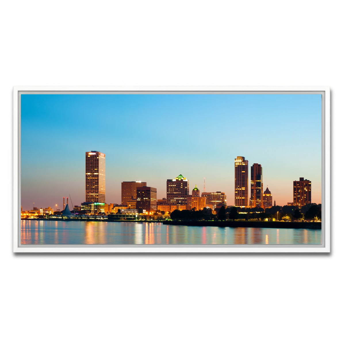 AUTO-MOCKUP WHITE | Milwaukee skyline at twilight | 1 Piece | White Framed Canvas | group=2x1