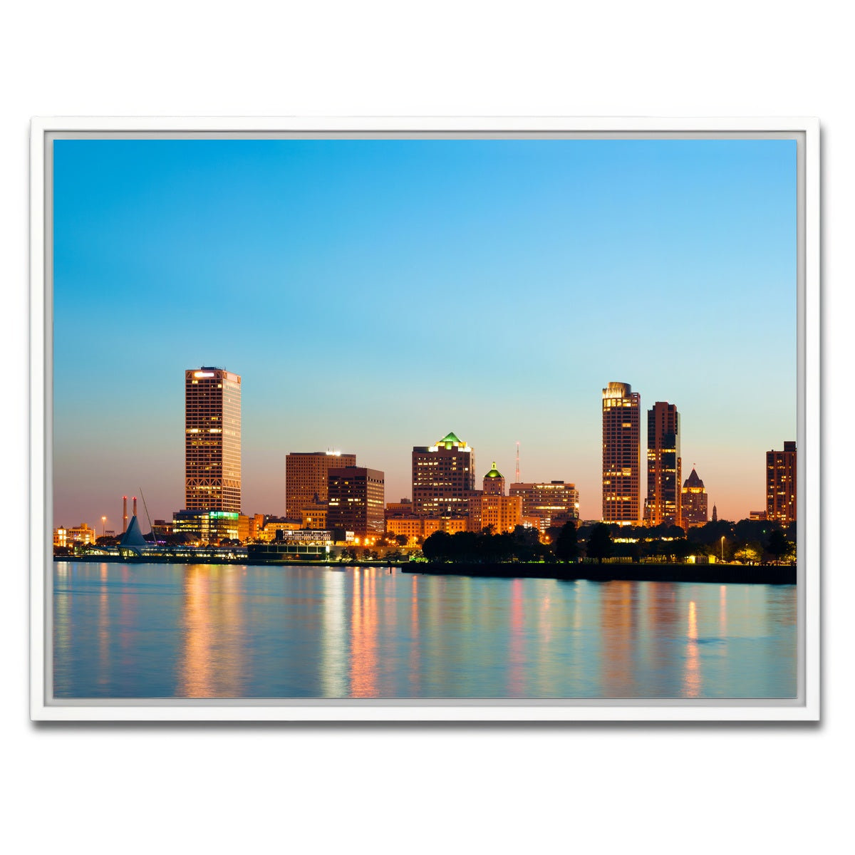 AUTO-MOCKUP WHITE | Milwaukee skyline at twilight | 1 Piece | White Framed Canvas | group=4x3