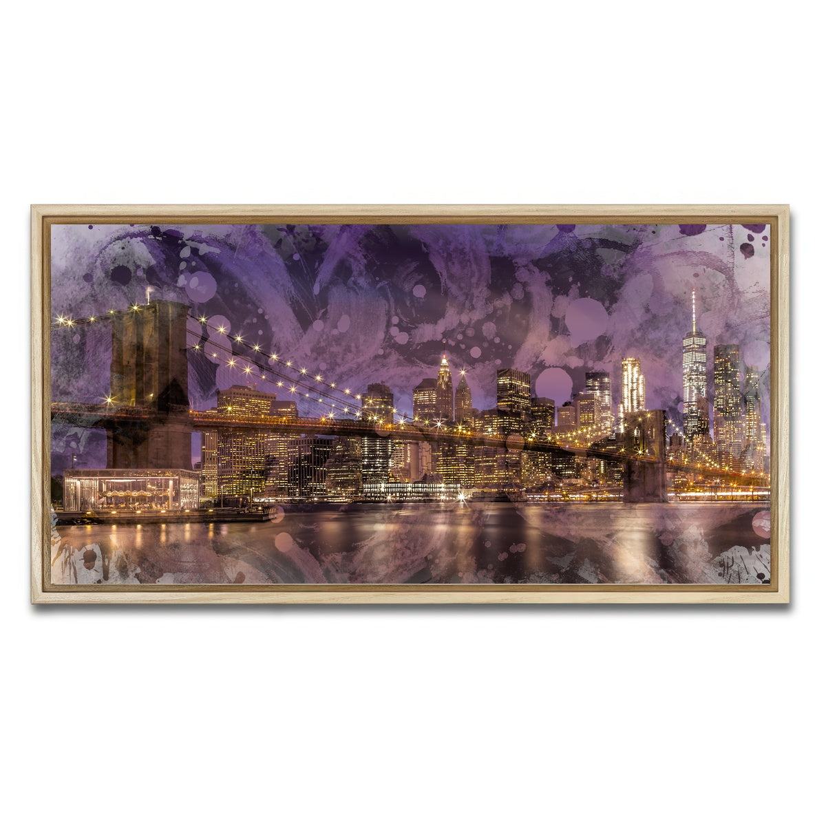 AUTO-MOCKUP WHITE | Modern Art BROOKLYN BRIDGE Sunset | 1 Piece | Natural Framed Canvas | group=2x1