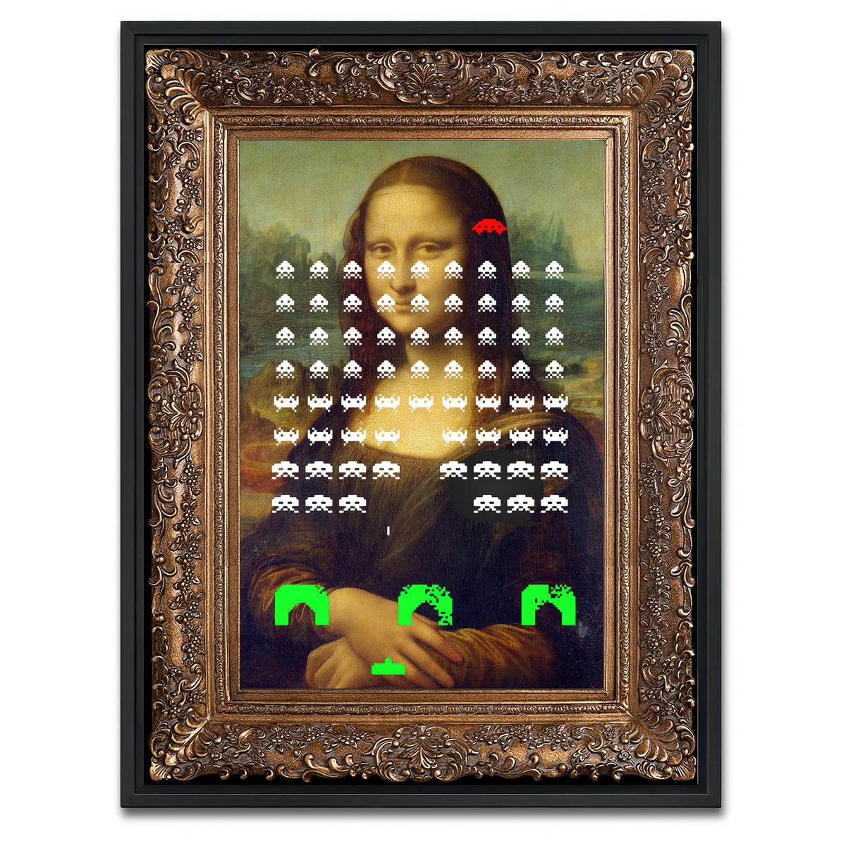 AUTO-MOCKUP WHITE | Mona Lisa Space Invaders | 1 Piece | Black Framed Canvas | group=3x4