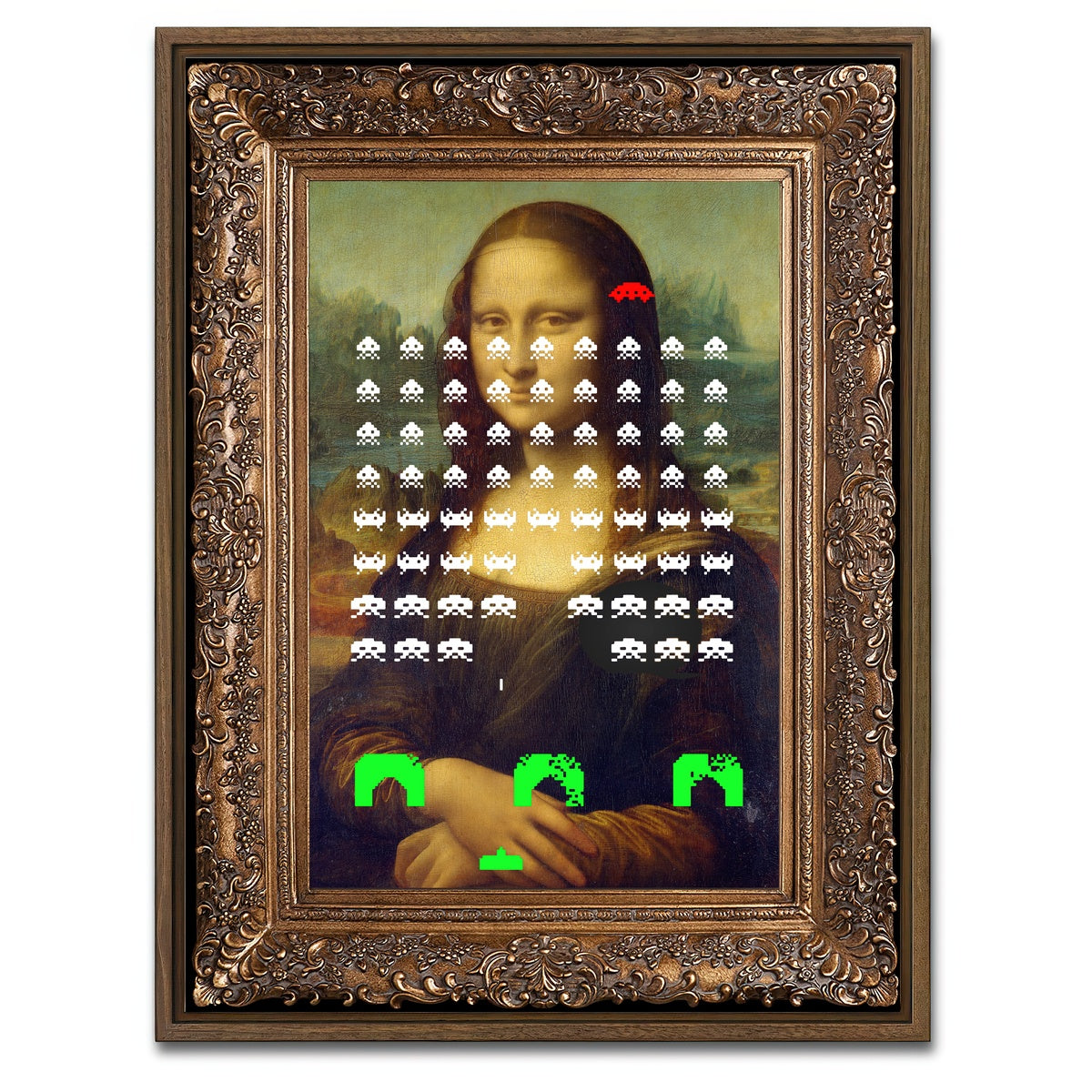 AUTO-MOCKUP WHITE | Mona Lisa Space Invaders | 1 Piece | Walnut Framed Canvas | group=3x4
