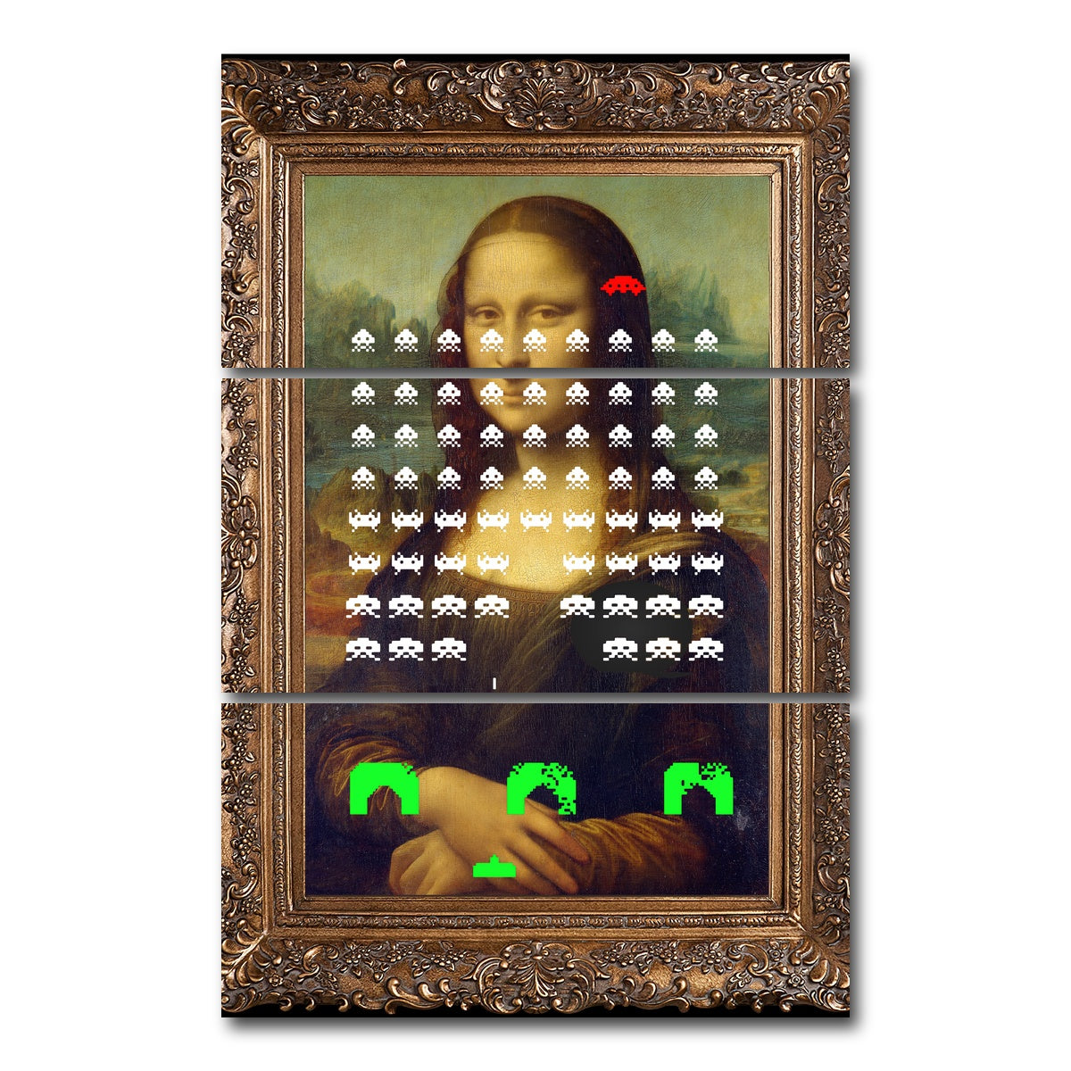 AUTO-MOCKUP WHITE | Mona Lisa Space Invaders | 3 Piece | Gallery Wrap Canvas | group=12x24_stacked