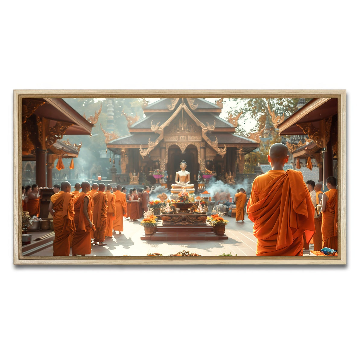 AUTO-MOCKUP WHITE | Monks in saffron robes | 1 Piece | Natural Framed Canvas | group=2x1