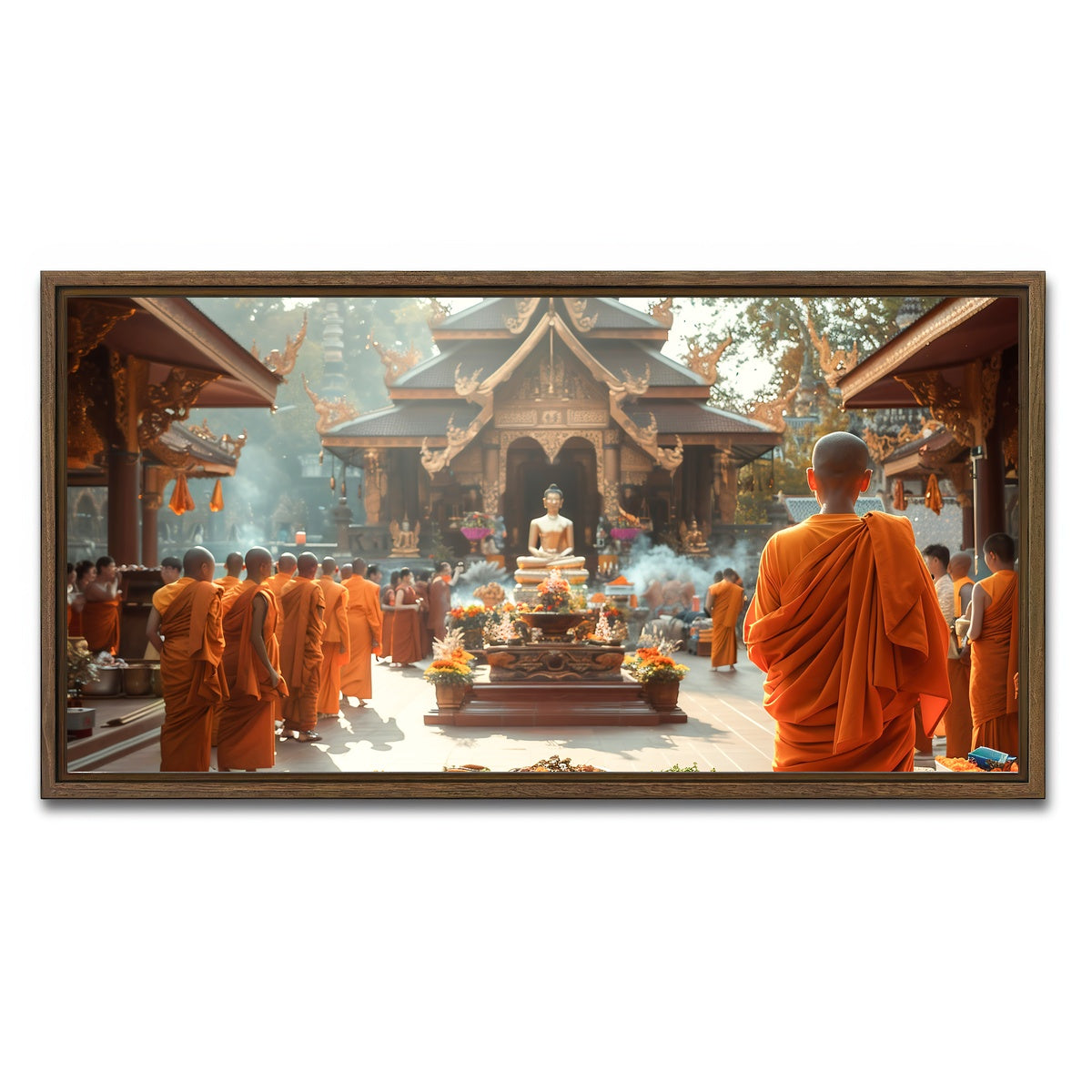AUTO-MOCKUP WHITE | Monks in saffron robes | 1 Piece | Walnut Framed Canvas | group=2x1