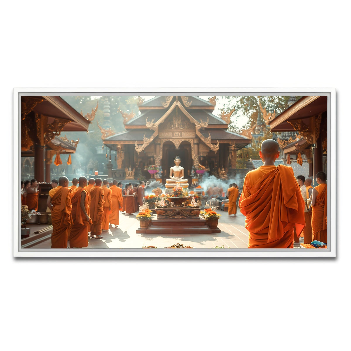 AUTO-MOCKUP WHITE | Monks in saffron robes | 1 Piece | White Framed Canvas | group=2x1