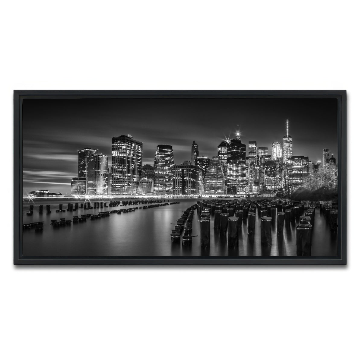 AUTO-MOCKUP WHITE | Monochrome Manhattan Skyline at Sunset | 1 Piece | Black Framed Canvas | group=2x1
