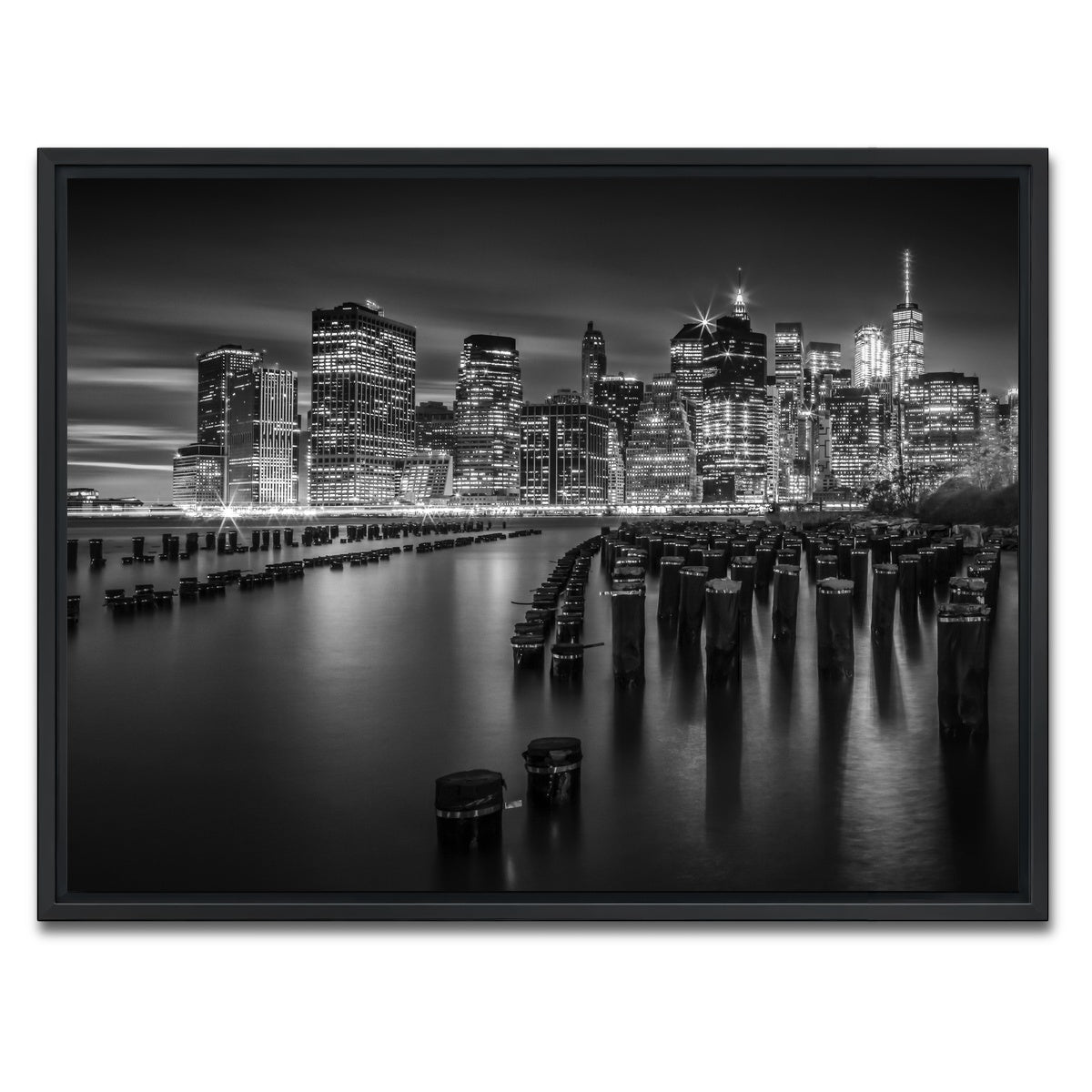 AUTO-MOCKUP WHITE | Monochrome Manhattan Skyline at Sunset | 1 Piece | Black Framed Canvas | group=4x3