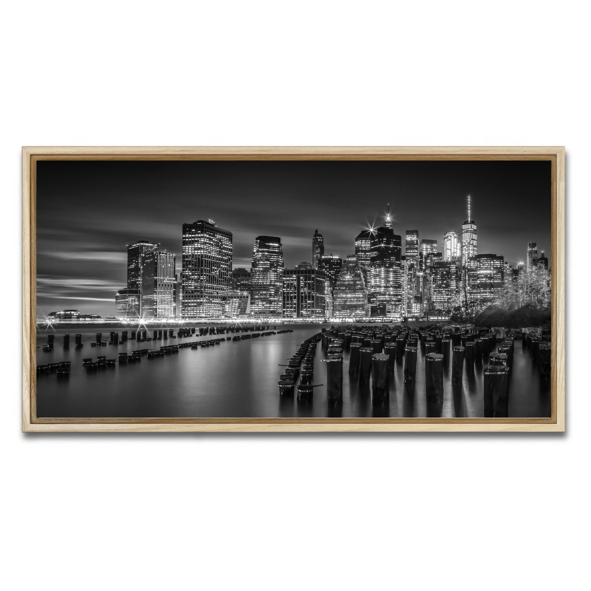 AUTO-MOCKUP WHITE | Monochrome Manhattan Skyline at Sunset | 1 Piece | Natural Framed Canvas | group=2x1