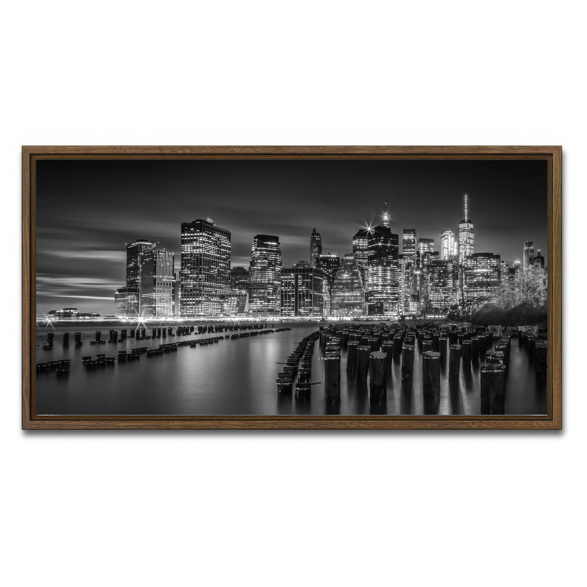 AUTO-MOCKUP WHITE | Monochrome Manhattan Skyline at Sunset | 1 Piece | Walnut Framed Canvas | group=2x1