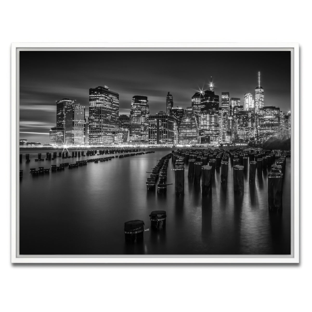 AUTO-MOCKUP WHITE | Monochrome Manhattan Skyline at Sunset | 1 Piece | White Framed Canvas | group=4x3