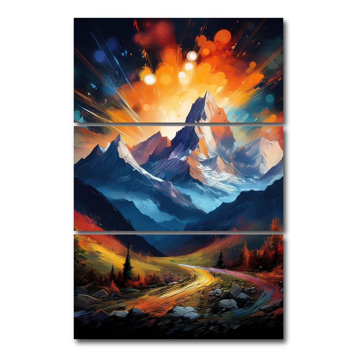 AUTO-MOCKUP WHITE | Mountain Colored Oil Paint | 3 Piece | Gallery Wrap Canvas | group=12x24_stacked