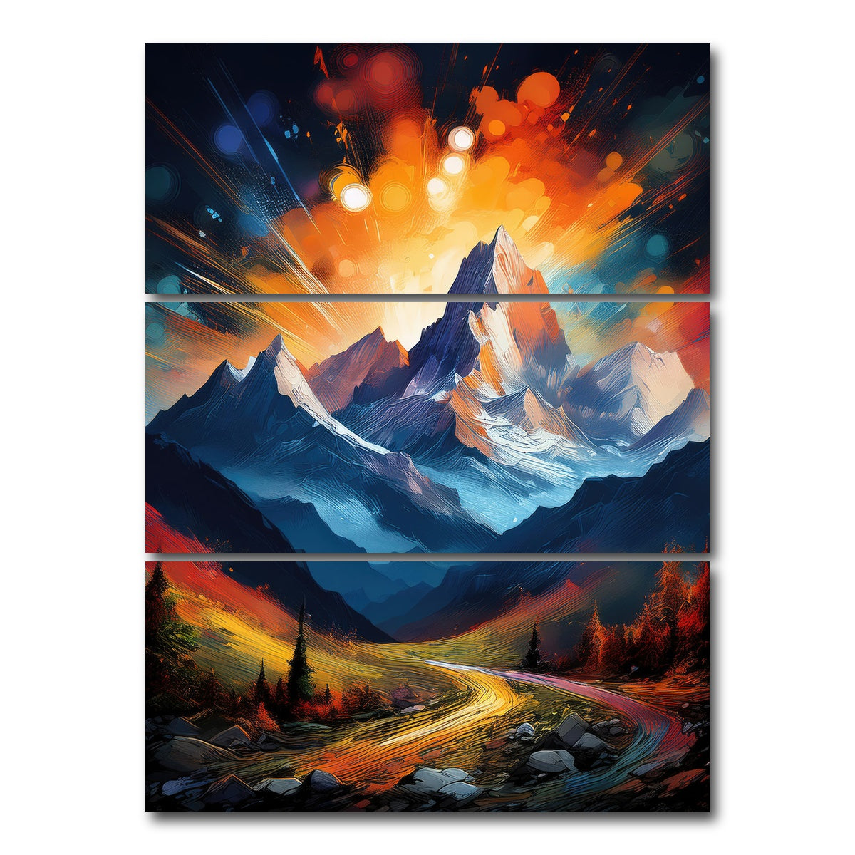 AUTO-MOCKUP WHITE | Mountain Colored Oil Paint | 3 Piece | Gallery Wrap Canvas | group=8x18_stacked