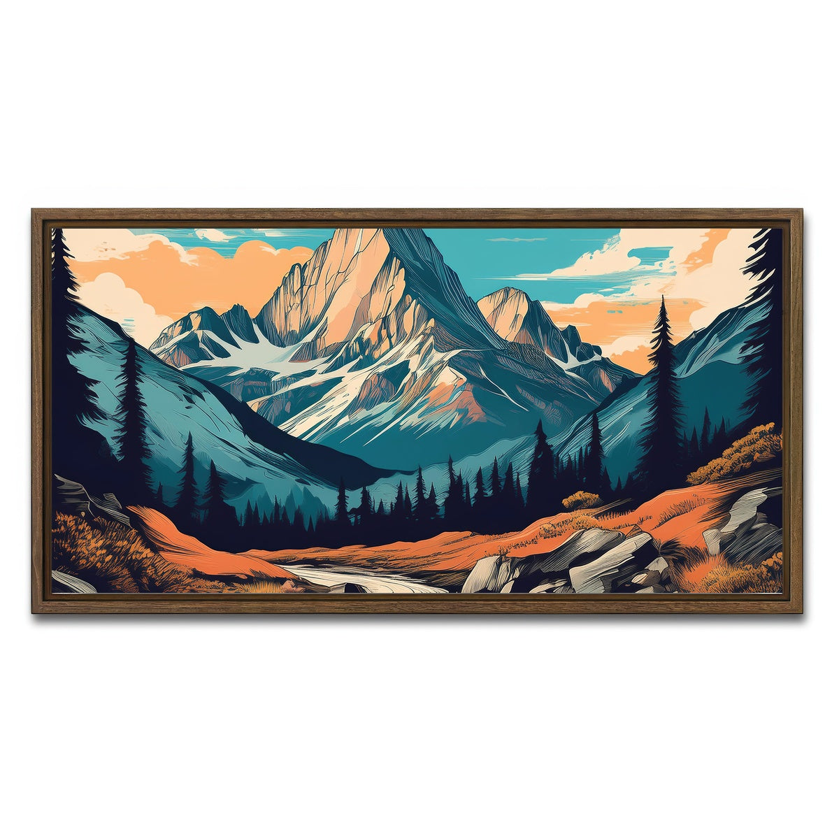 AUTO-MOCKUP WHITE | Mountain Landscape Poster | 1 Piece | Walnut Framed Canvas | group=2x1