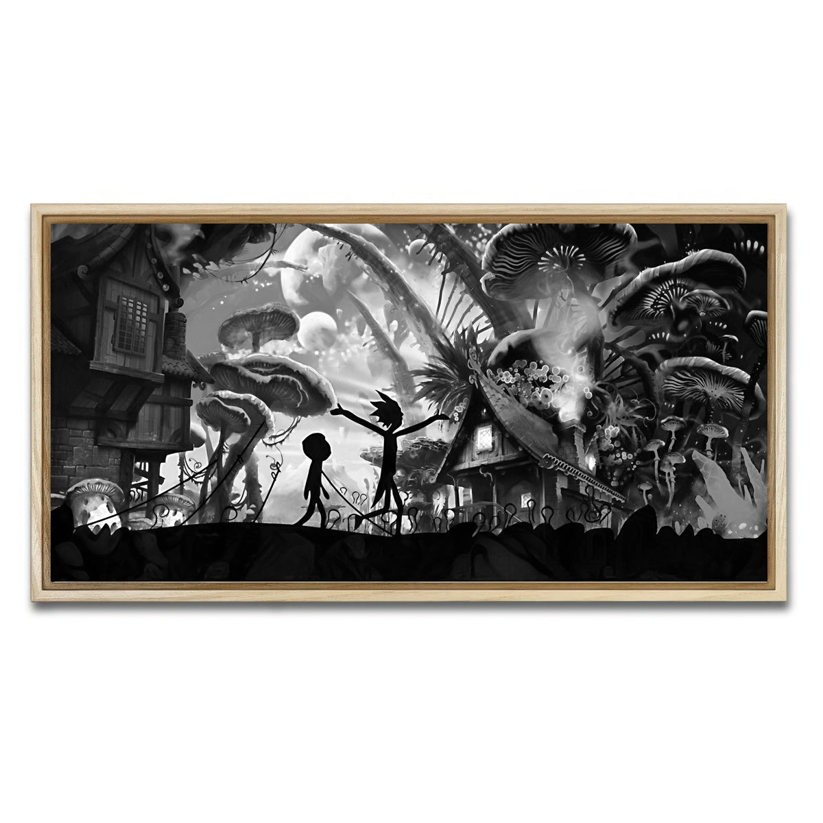 AUTO-MOCKUP WHITE | Mushroom World Rick and Morty Grayscale | 1 Piece | Natural Framed Canvas | group=2x1