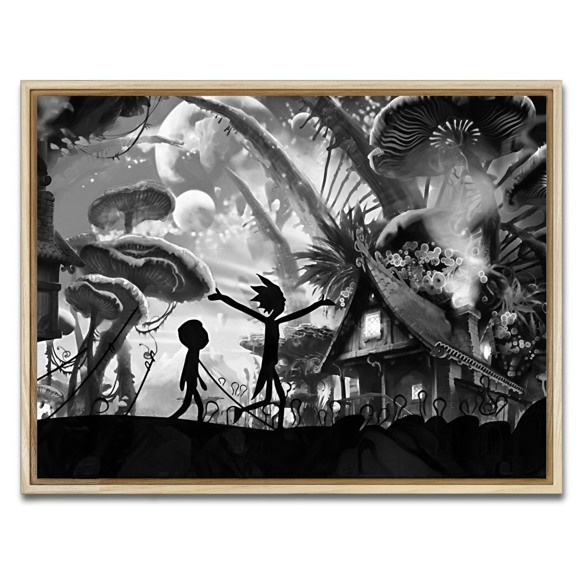 AUTO-MOCKUP WHITE | Mushroom World Rick and Morty Grayscale | 1 Piece | Natural Framed Canvas | group=4x3