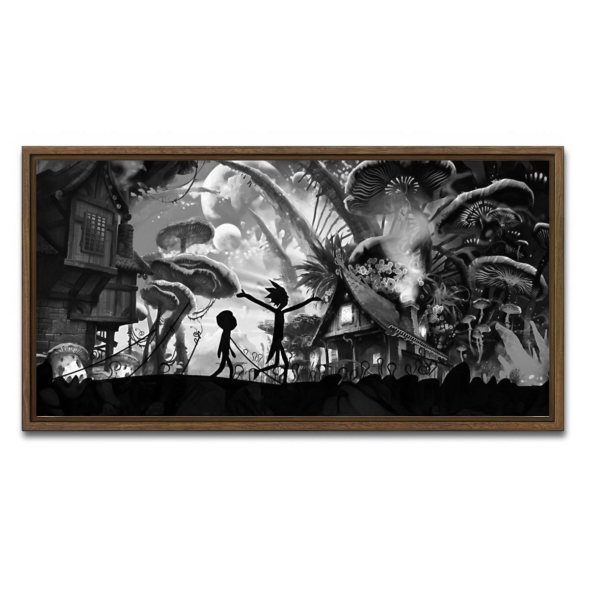AUTO-MOCKUP WHITE | Mushroom World Rick and Morty Grayscale | 1 Piece | Walnut Framed Canvas | group=2x1