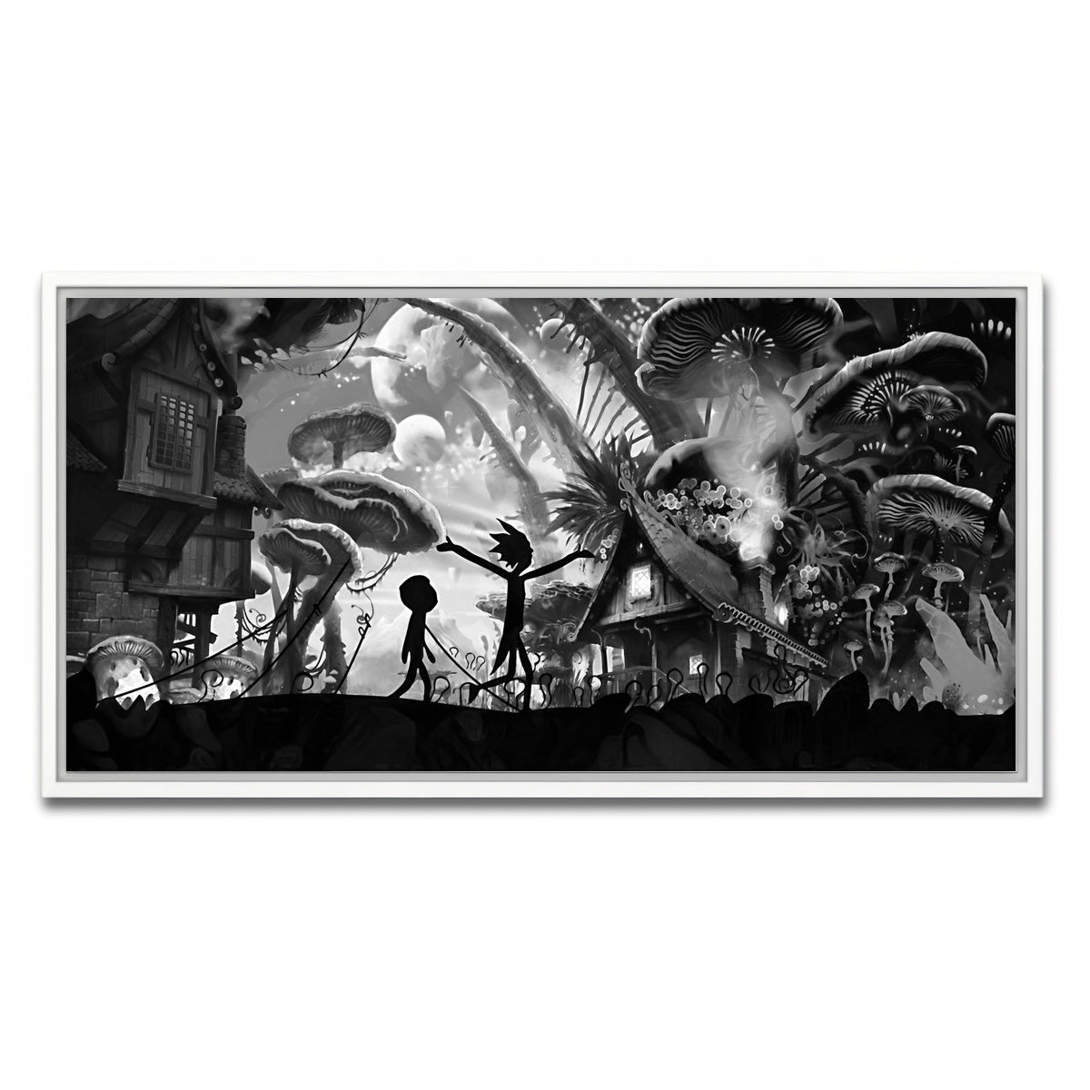 AUTO-MOCKUP WHITE | Mushroom World Rick and Morty Grayscale | 1 Piece | White Framed Canvas | group=2x1