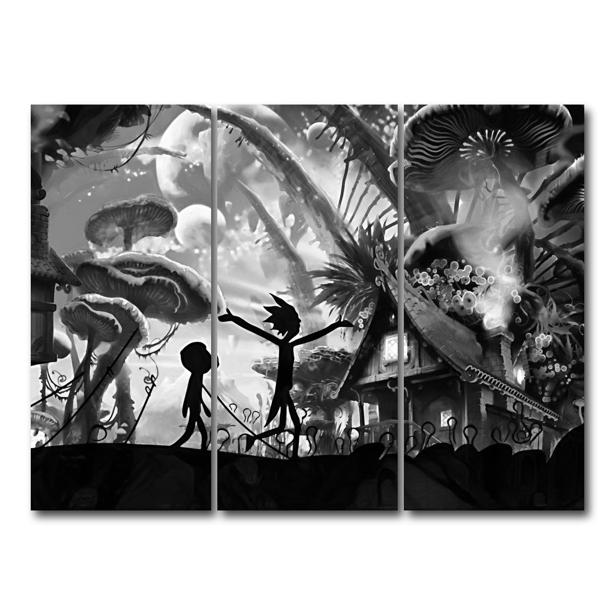 AUTO-MOCKUP WHITE | Mushroom World Rick and Morty Grayscale | 3 Piece | Gallery Wrap Canvas | group=8x18