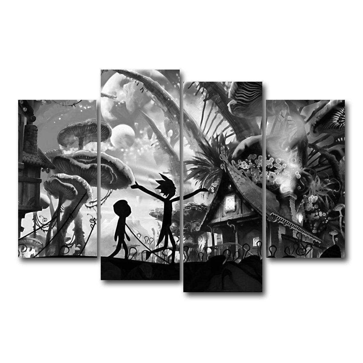 AUTO-MOCKUP WHITE | Mushroom World Rick and Morty Grayscale | 4 Piece | Gallery Wrap Canvas | group=4_short