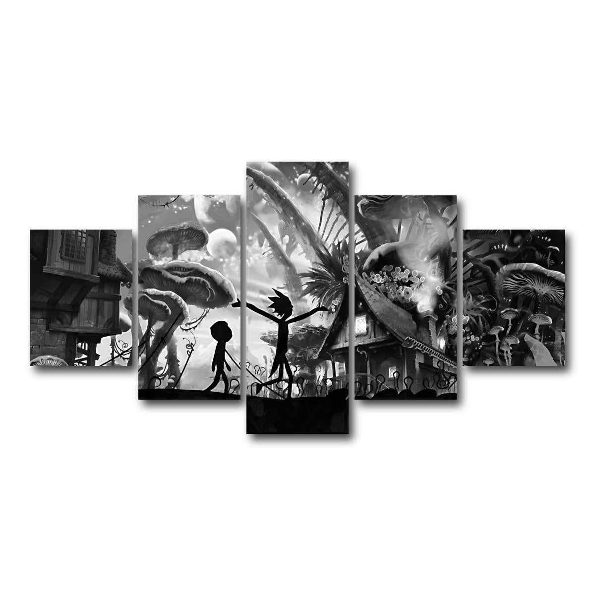 AUTO-MOCKUP WHITE | Mushroom World Rick and Morty Grayscale | 5 Piece | Gallery Wrap Canvas | group=5_short