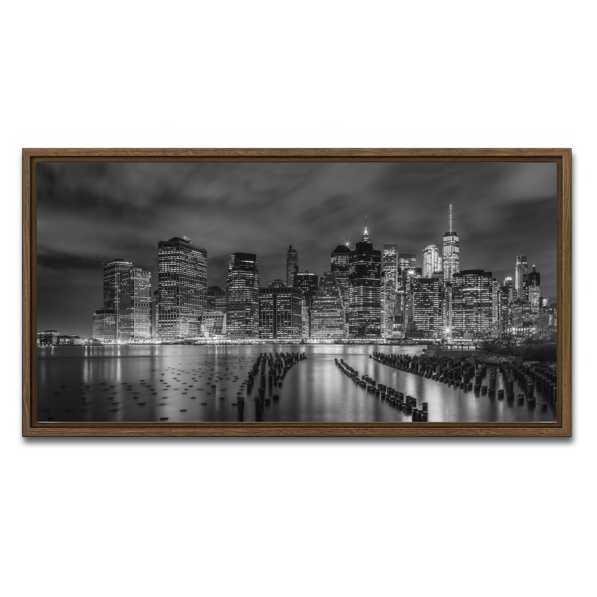 AUTO-MOCKUP WHITE | NEW YORK CITY Monochrome Night Impressions | 1 Piece | Walnut Framed Canvas | group=2x1