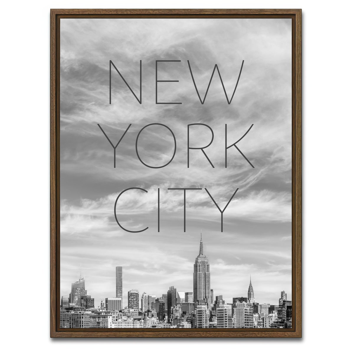 AUTO-MOCKUP WHITE | NYC Text & Skyline | 1 Piece | Walnut Framed Canvas | group=3x4