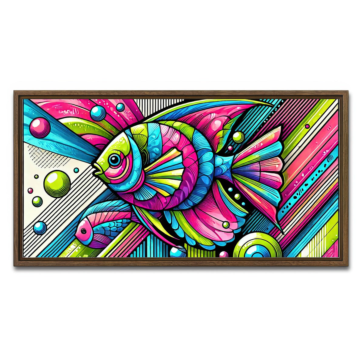 AUTO-MOCKUP WHITE | Neon Pop Art Fish | 1 Piece | Walnut Framed Canvas | group=2x1