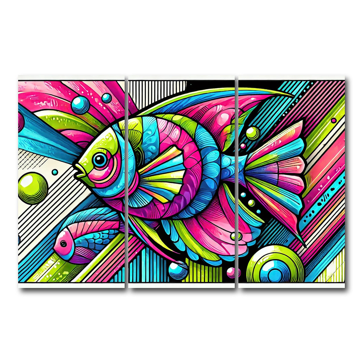 AUTO-MOCKUP WHITE | Neon Pop Art Fish | 3 Piece | Gallery Wrap Canvas | group=12x24