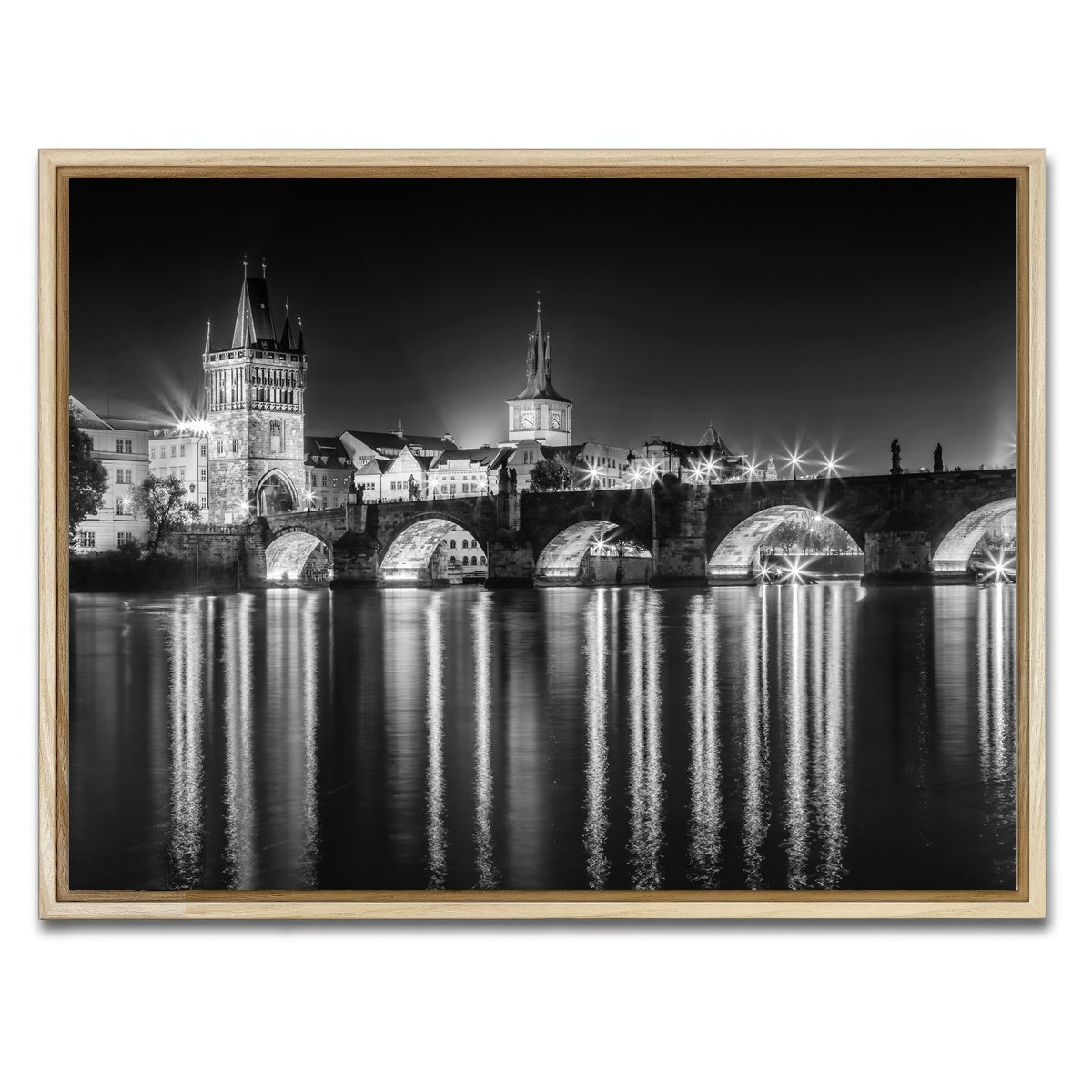 AUTO-MOCKUP WHITE | Night impression of Charles Bridge in Prague | 1 Piece | Natural Framed Canvas | group=4x3