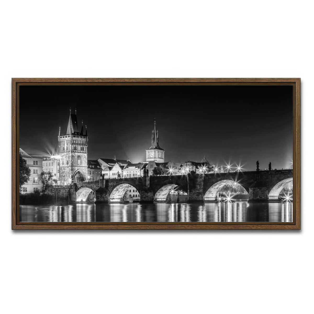 AUTO-MOCKUP WHITE | Night impression of Charles Bridge in Prague | 1 Piece | Walnut Framed Canvas | group=2x1