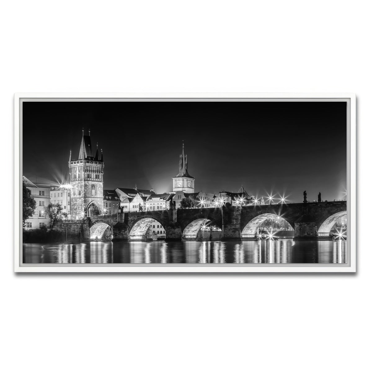 AUTO-MOCKUP WHITE | Night impression of Charles Bridge in Prague | 1 Piece | White Framed Canvas | group=2x1