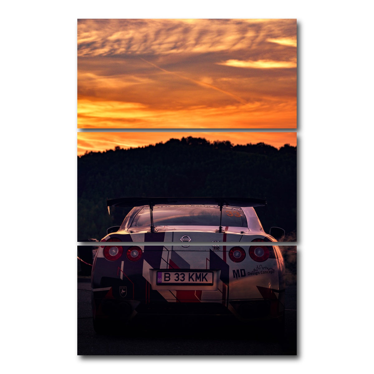 AUTO-MOCKUP WHITE | Nissan GTR Racing Sunset | 3 Piece | Gallery Wrap Canvas | group=12x24_stacked