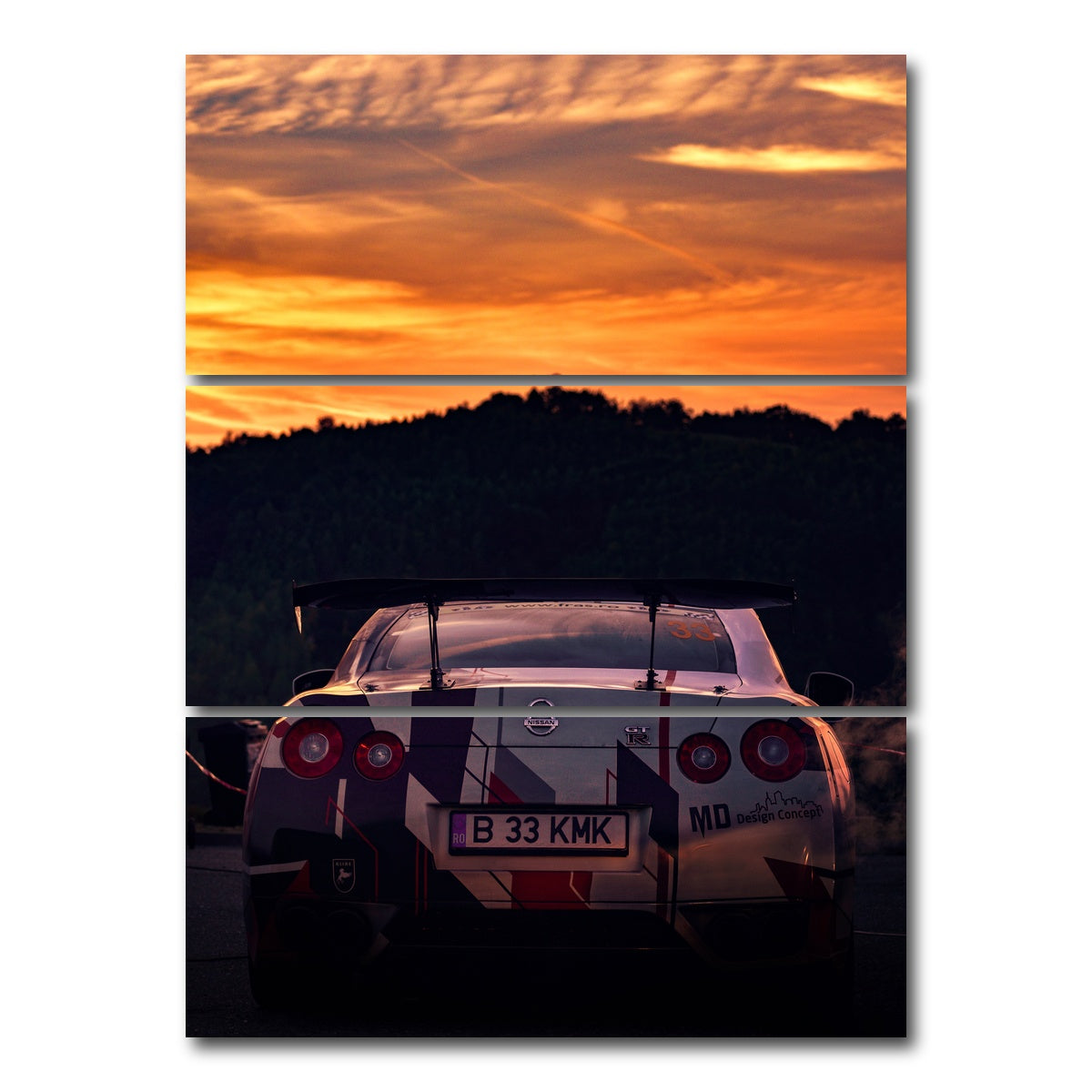 AUTO-MOCKUP WHITE | Nissan GTR Racing Sunset | 3 Piece | Gallery Wrap Canvas | group=8x18_stacked