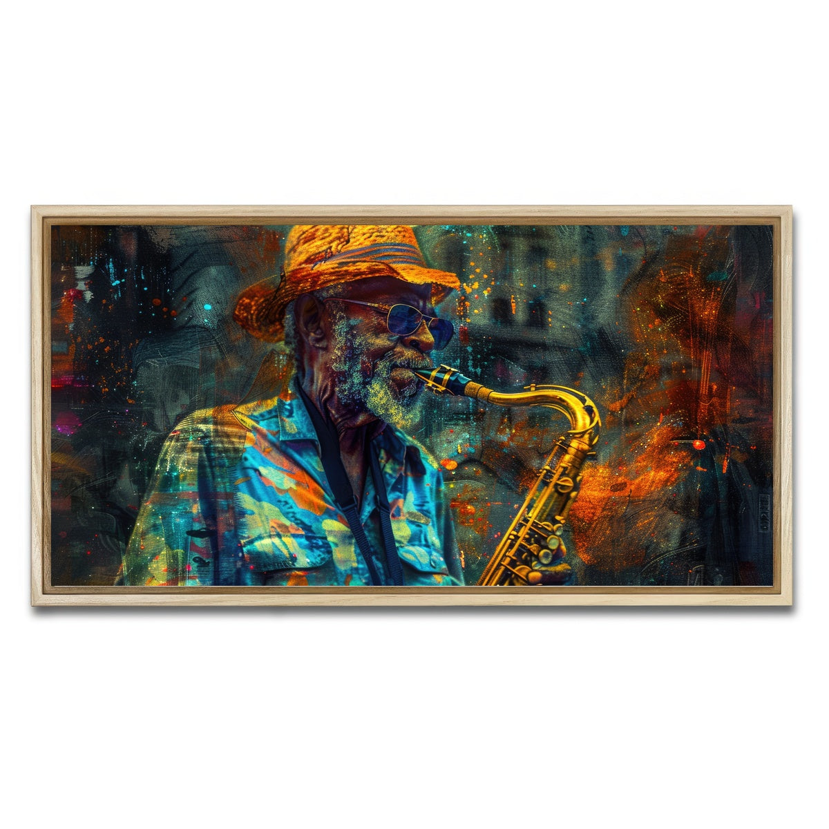 AUTO-MOCKUP WHITE | Old saxophonist plays jazz | 1 Piece | Natural Framed Canvas | group=2x1