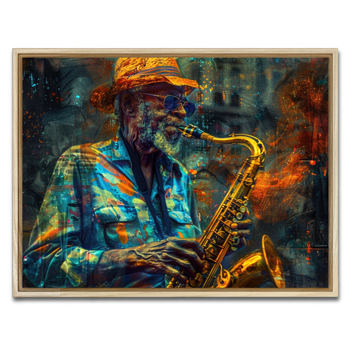 AUTO-MOCKUP WHITE | Old saxophonist plays jazz | 1 Piece | Natural Framed Canvas | group=4x3