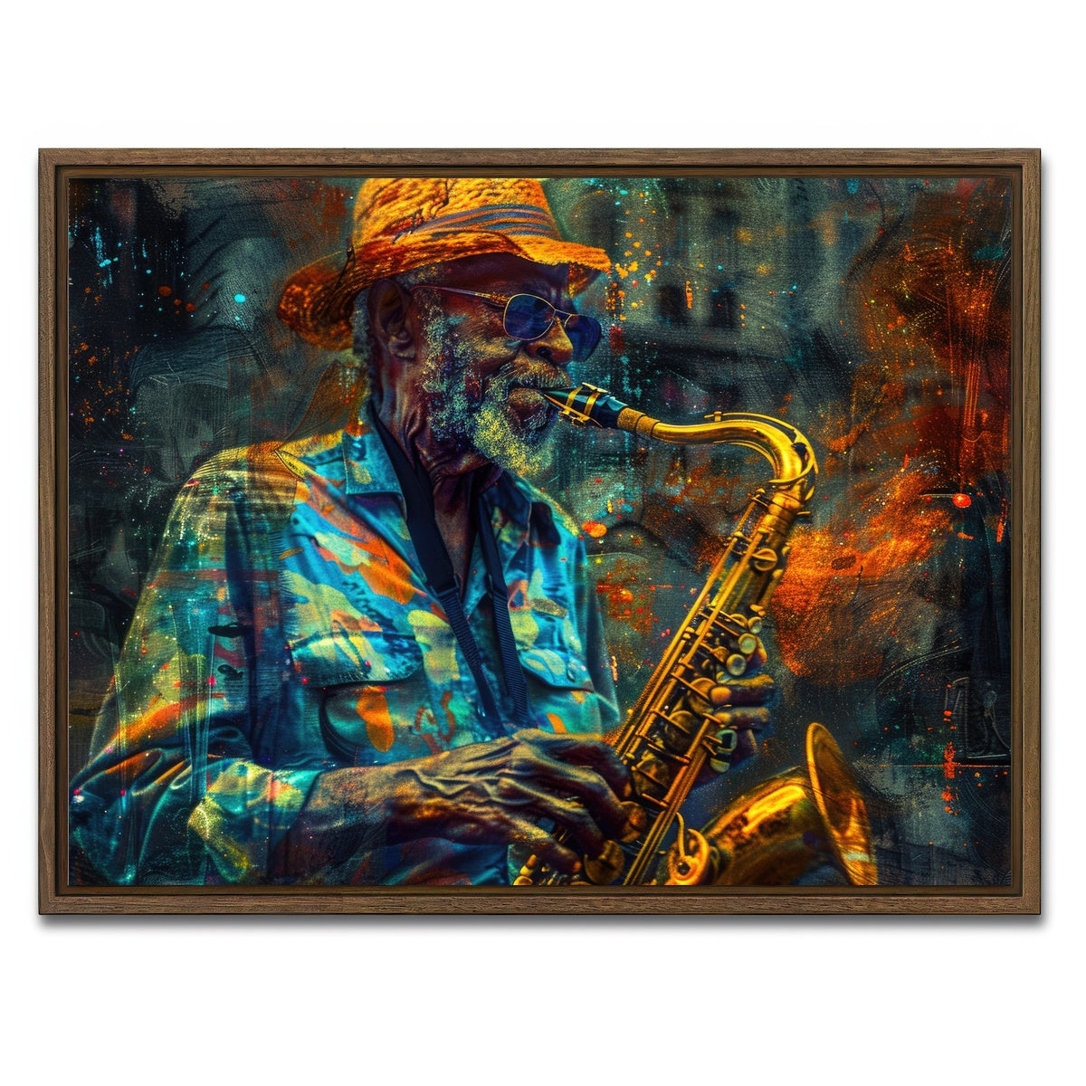 AUTO-MOCKUP WHITE | Old saxophonist plays jazz | 1 Piece | Walnut Framed Canvas | group=4x3