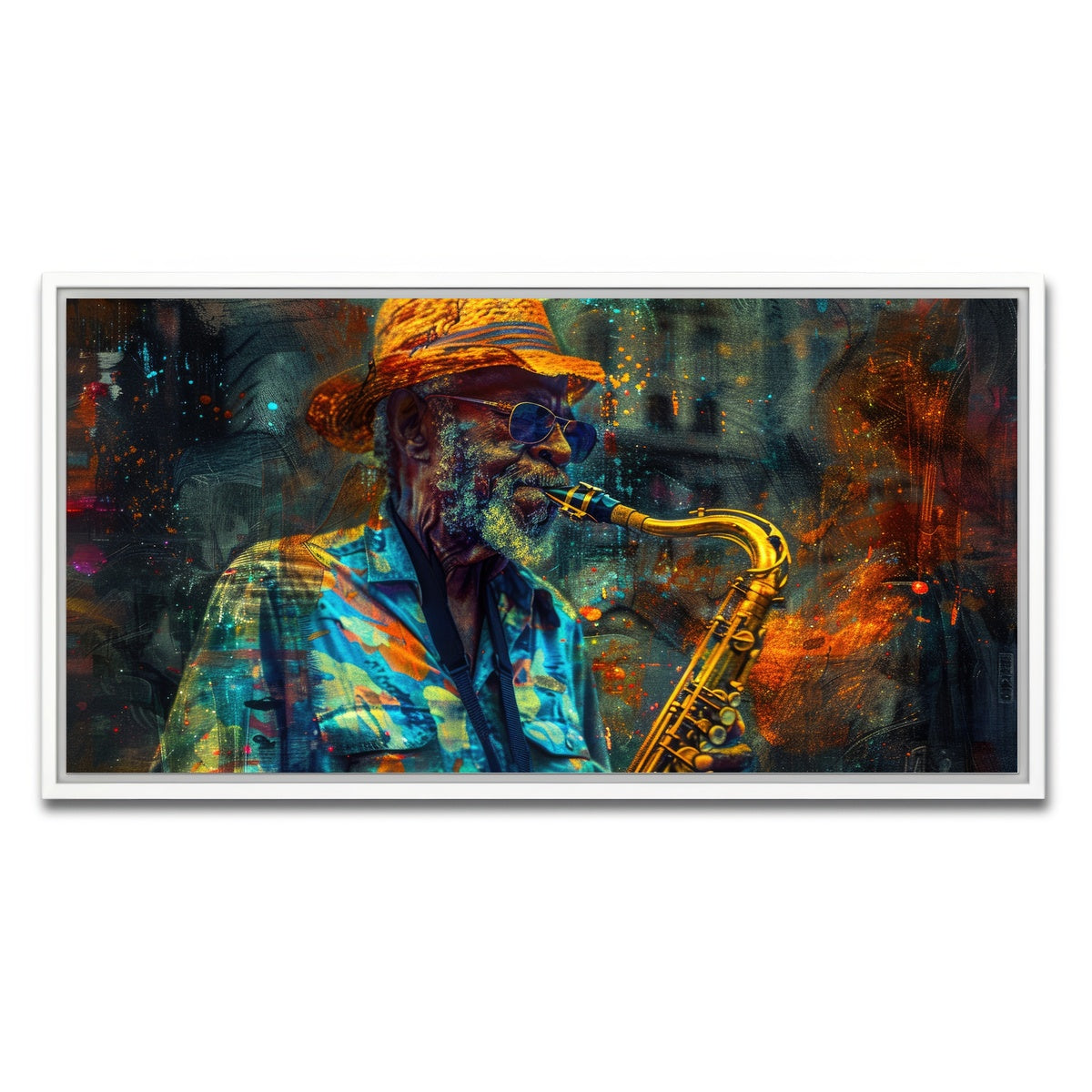 AUTO-MOCKUP WHITE | Old saxophonist plays jazz | 1 Piece | White Framed Canvas | group=2x1