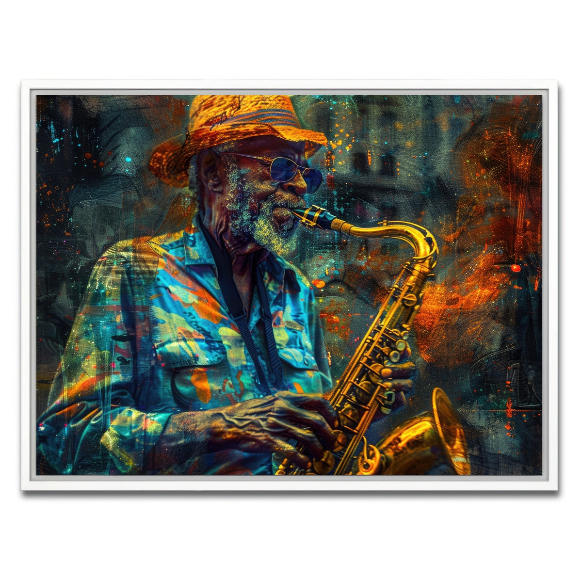 AUTO-MOCKUP WHITE | Old saxophonist plays jazz | 1 Piece | White Framed Canvas | group=4x3